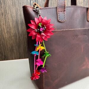 Red Daisy Flower Bag Charm Genuine Leather Red Flower Purse Keychain NEW